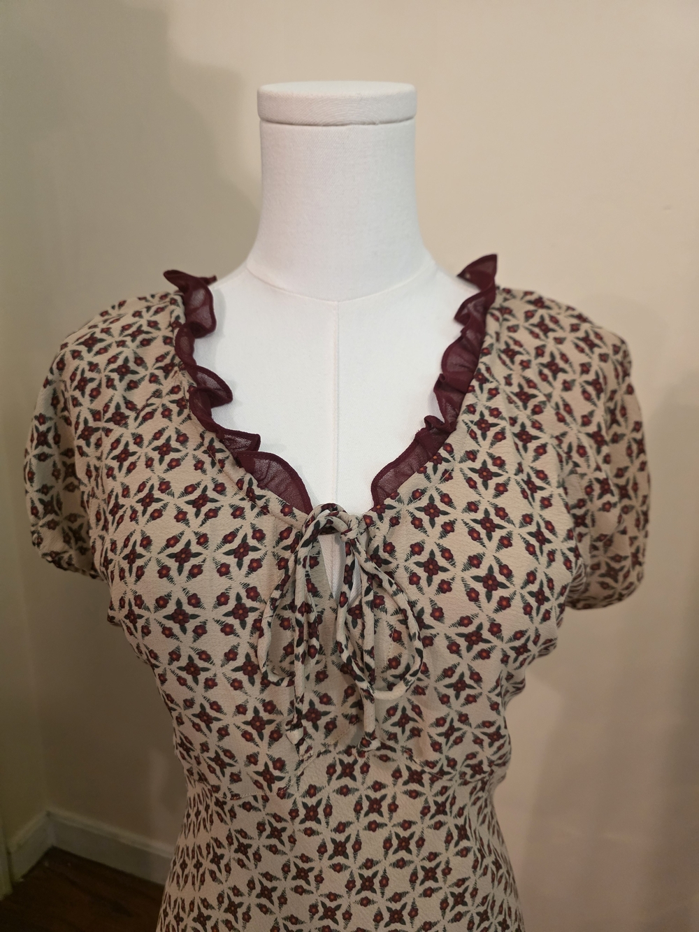 Women’s Cream Midi Dress with Burgundy Floral Print and Tie Front